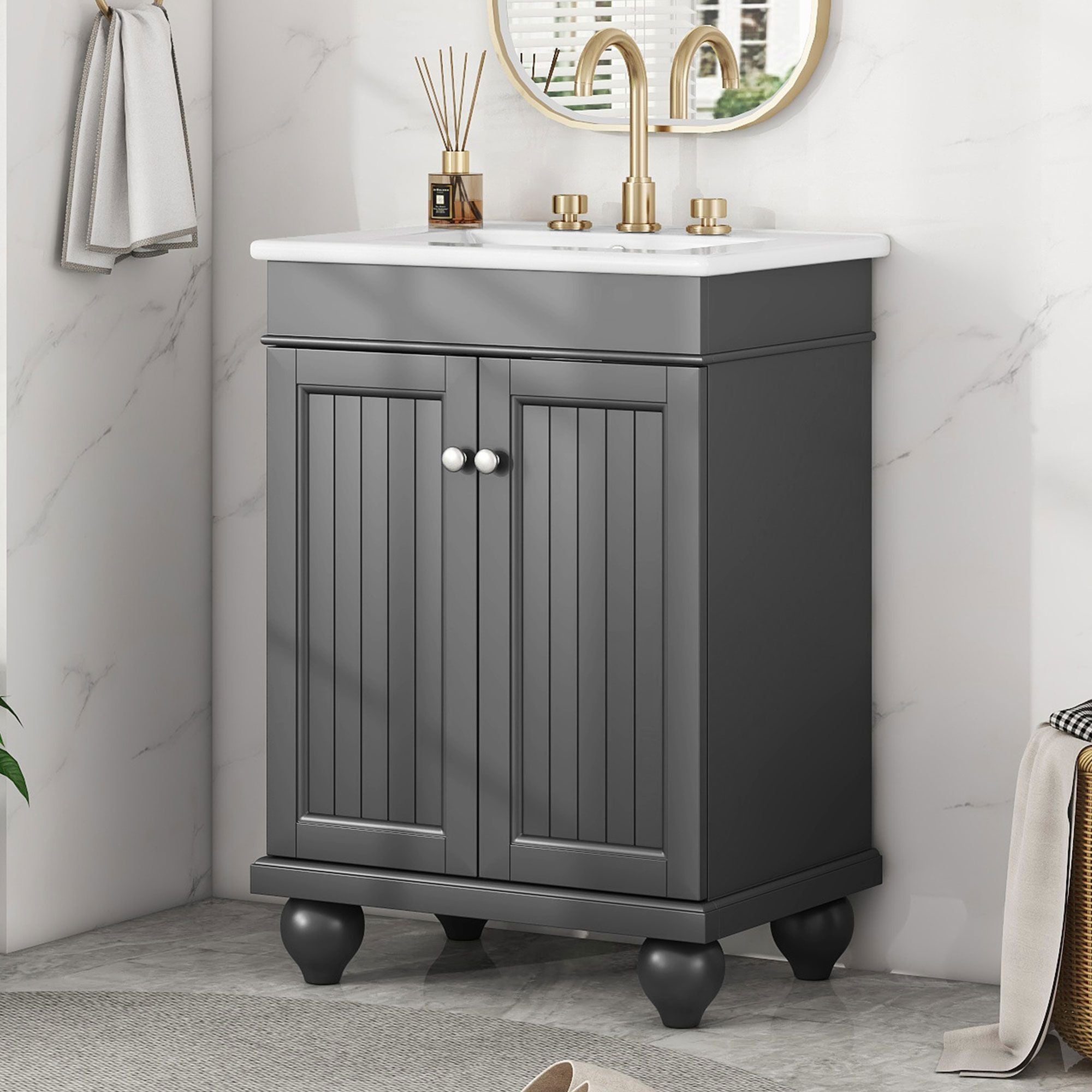 24" Modern Sleek Bathroom Vanity Elegant Ceramic Sink with Solid Wood Frame, Adjustable Shelf